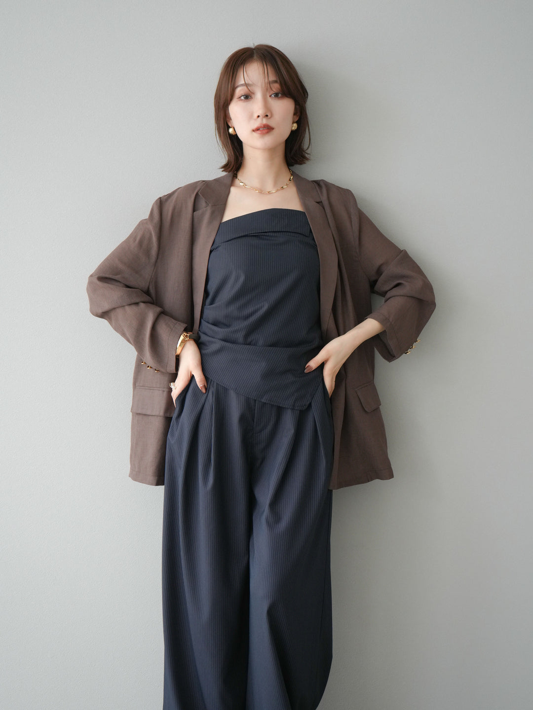 [預購] 金色紐扣透視夾克/棕色