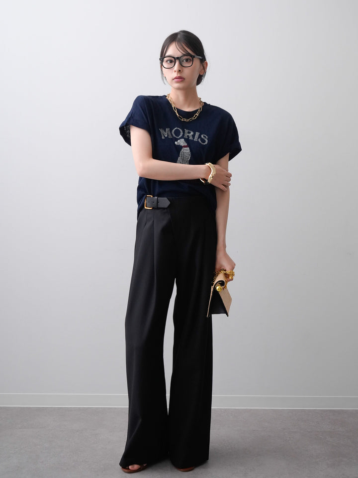 [SET]ドッグエンブロイダリーTEE+アシンメトリーベルトタックワイドパンツ(2set)