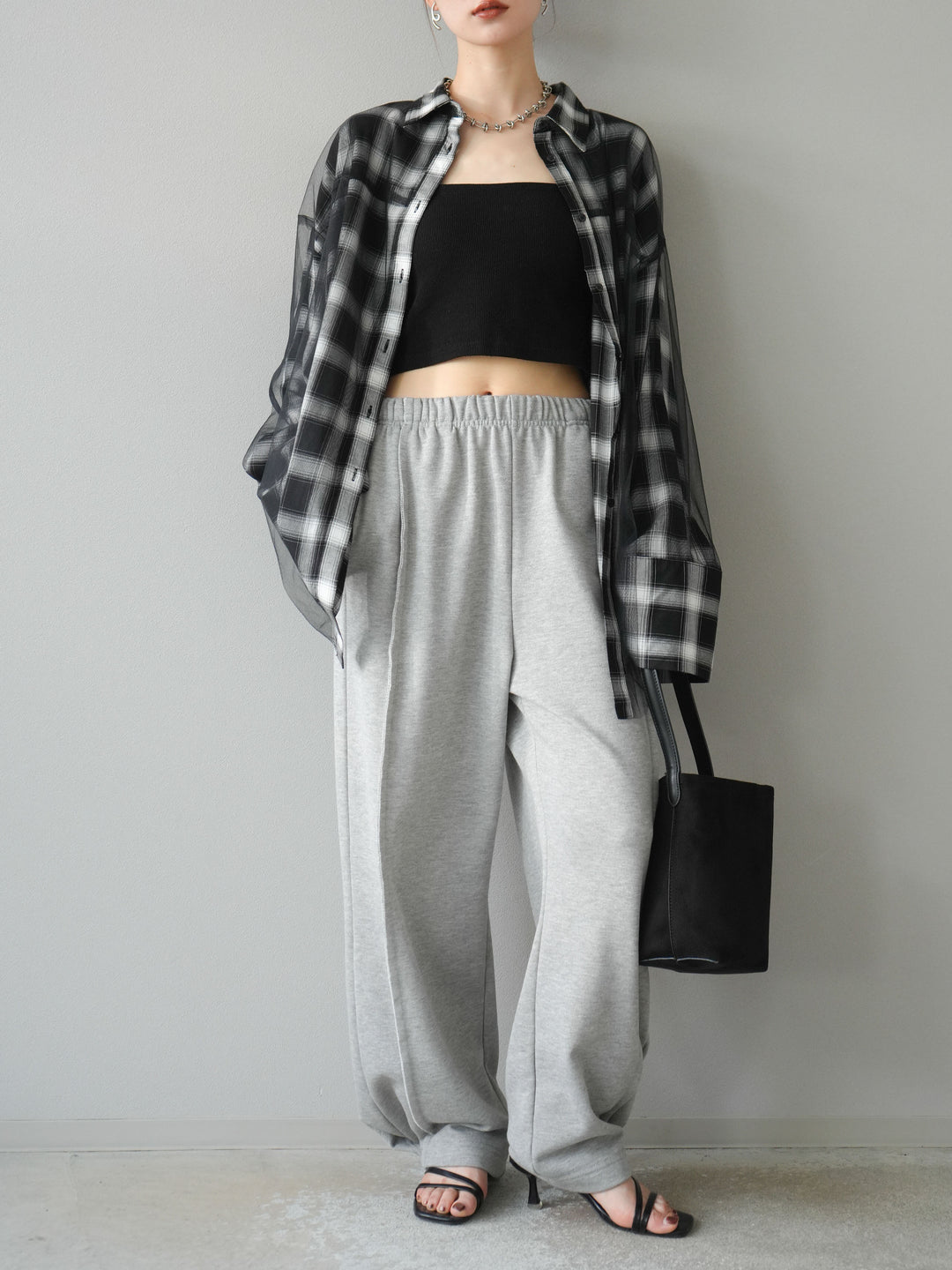 [予約]チュールドッキングチェック柄オーバーサイズシャツ/ブラック