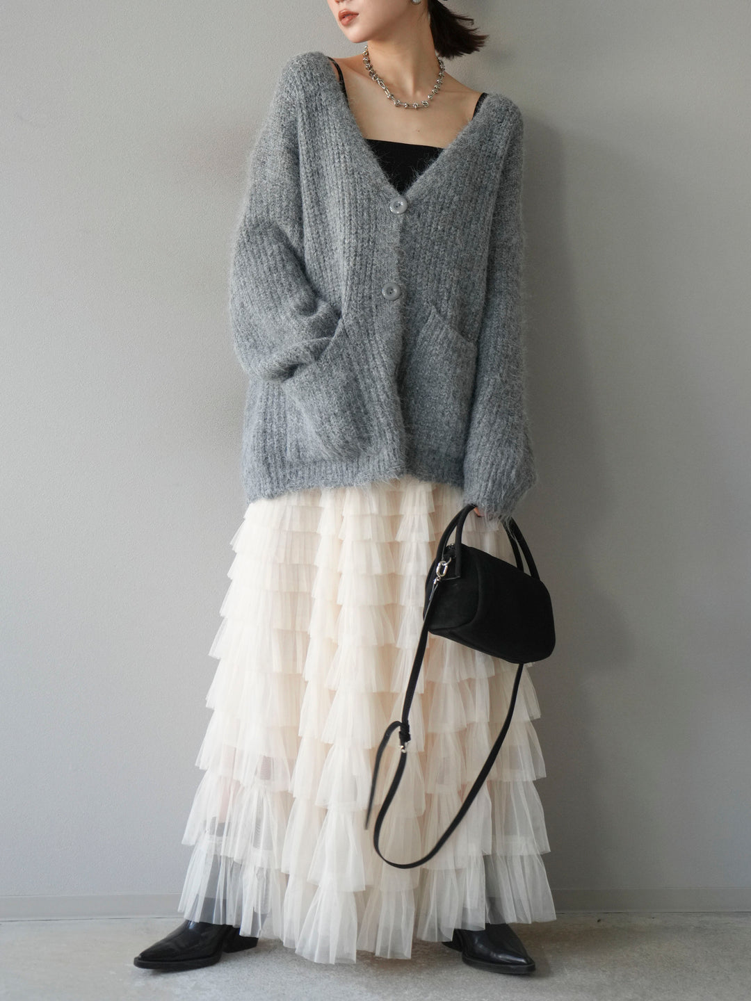 [予約]ウール混オーバーニットカーディガン/グレー