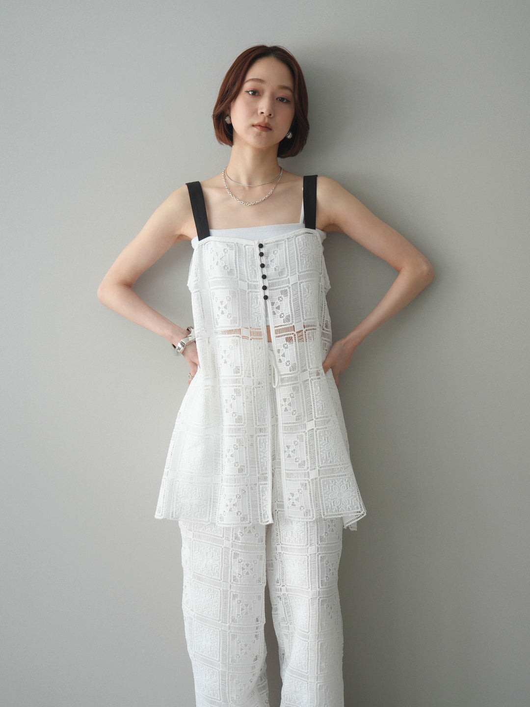 [SET]配色パネルレースキャミソール+カップ付テレコリブベアキャミソール(2set)