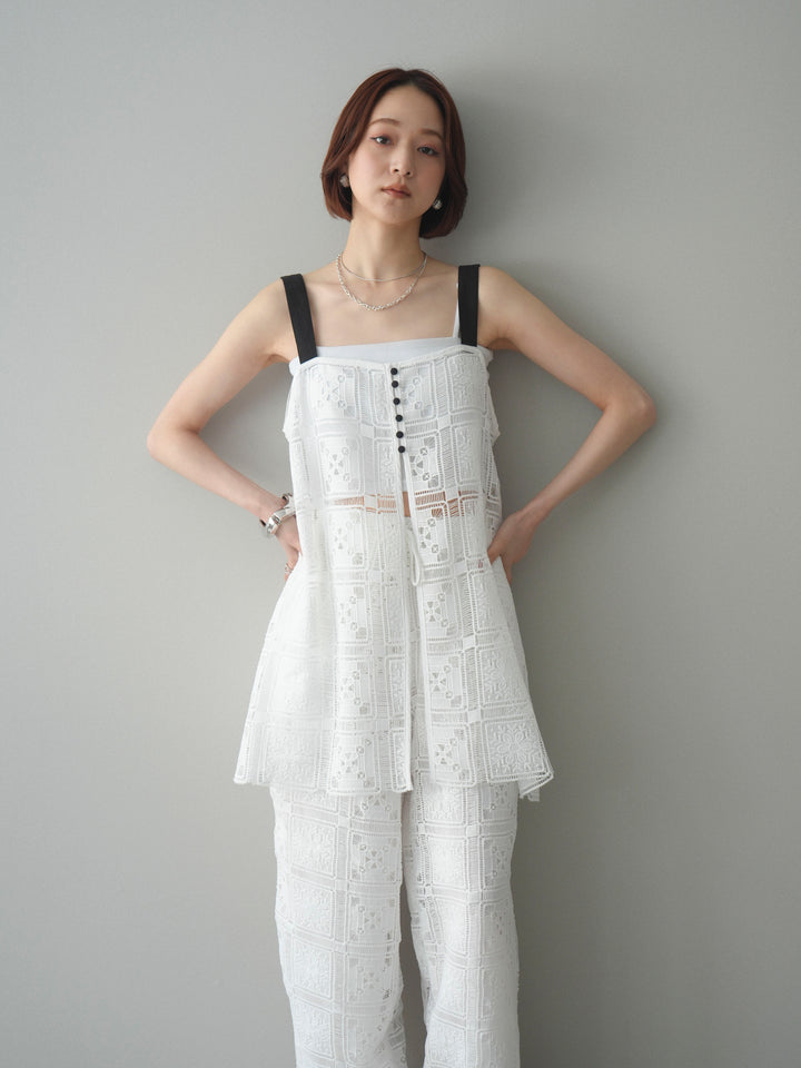 [SET]配色パネルレースキャミソール+カップ付テレコリブベアキャミソール(2set)