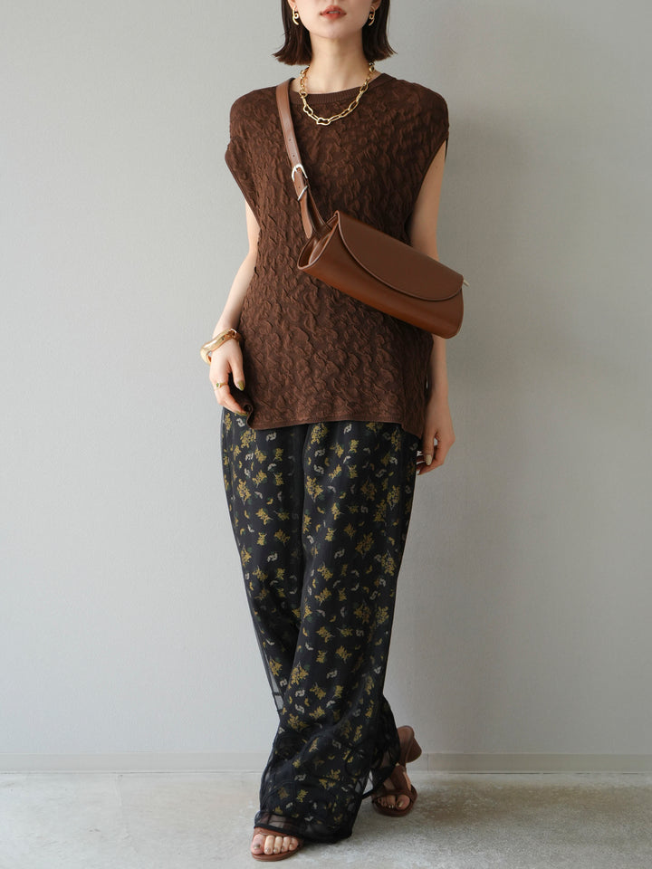 [SET]コード刺繍チュールレイヤードパンツ+ブーケプリントタックパンツ(2set)