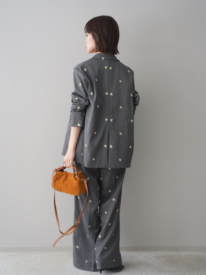 [予約]フラワー刺繍タックパンツ/gray