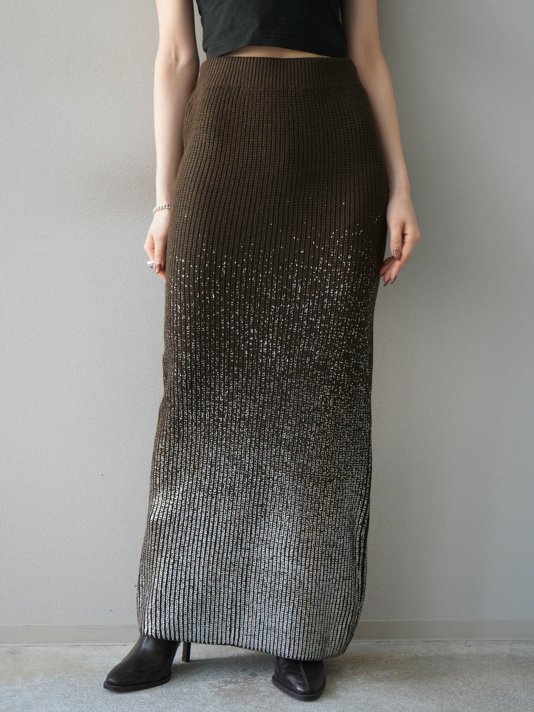 [予約]箔プリントニットタイトスカート/coffeebrown
