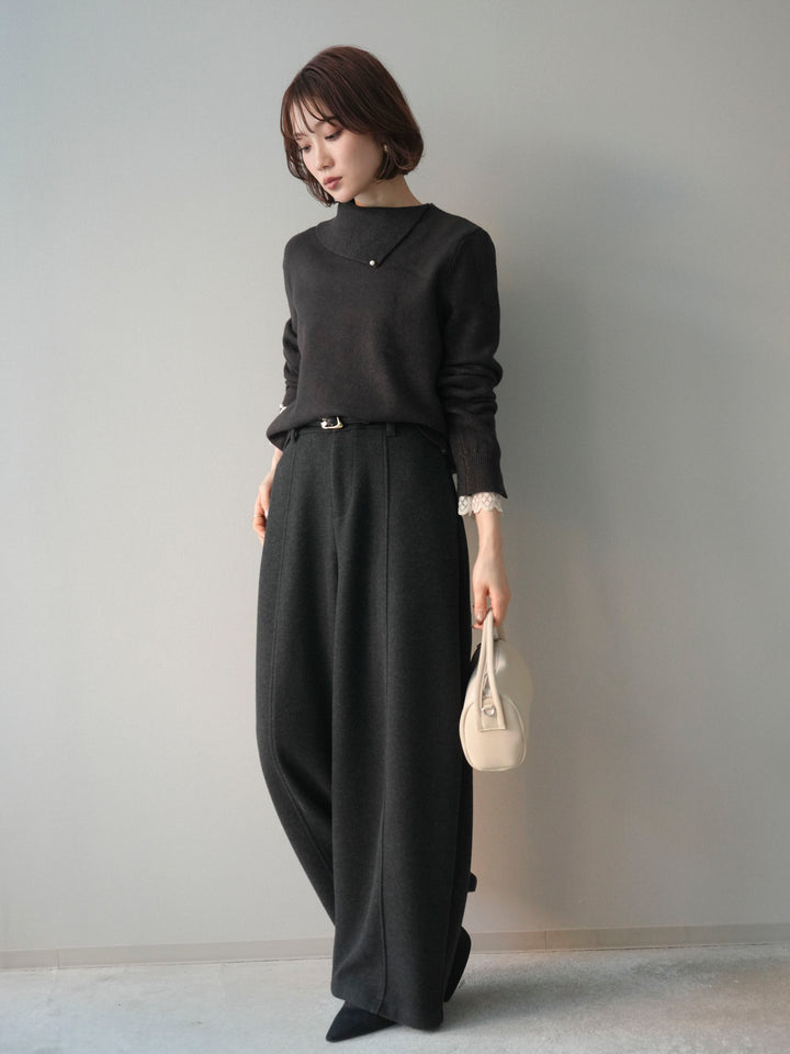 [SET]袖レースパール付き配色ニットトップス+ウールタッチカーブパンツ(2set)