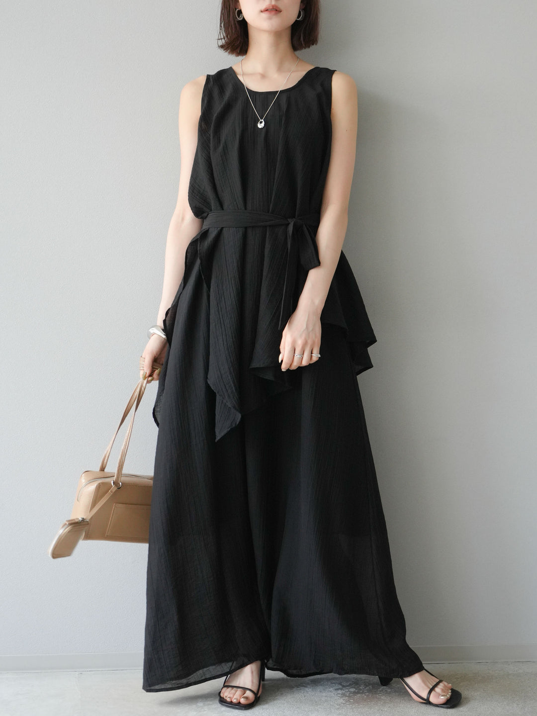 [SET]ワッシャーシアーアシメブラウス＆キャミワンピース+選べるアクセセット(2set)