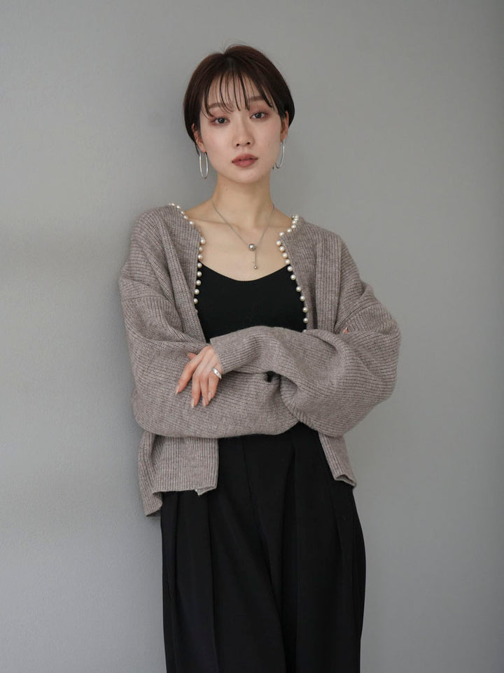 [Pre-order] Angora Touch Pearl Design Knit Cardigan/Greige