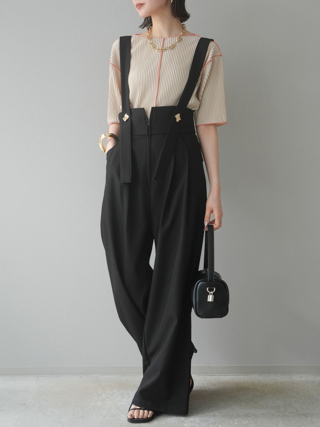 【SET】配色褶皺半袖上衣 + 配色褶皺半袖上衣 (2 件套)