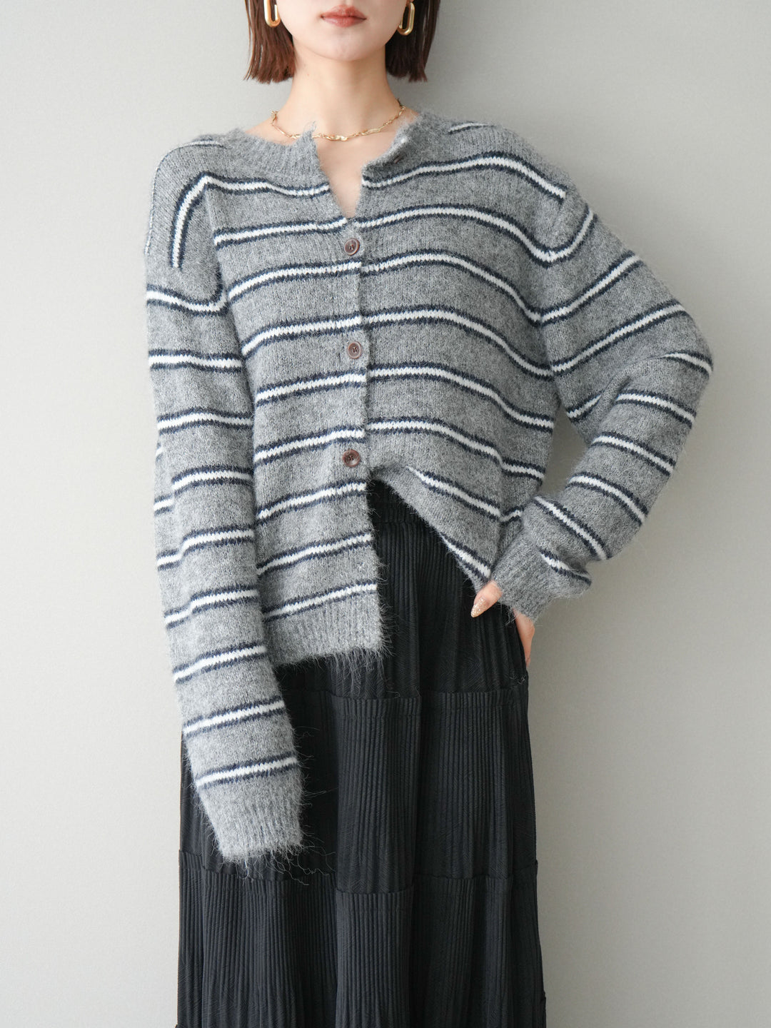 [予約]ボーダーシャギーニットカーディガン/gray