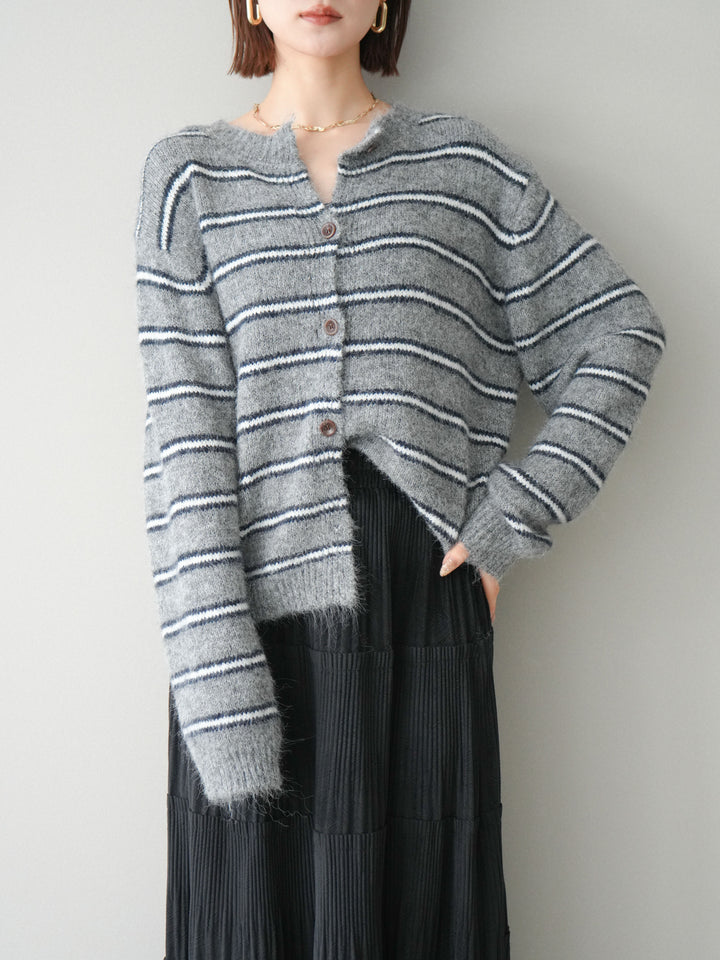 [予約]ボーダーシャギーニットカーディガン/gray