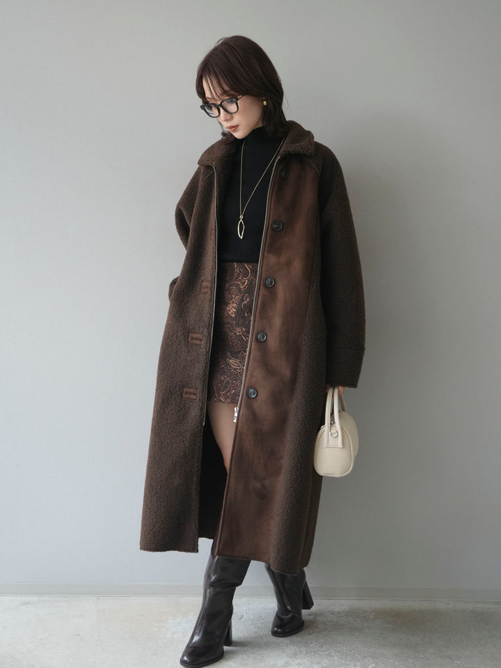 [予約]ボアxムートンロングコート/brown