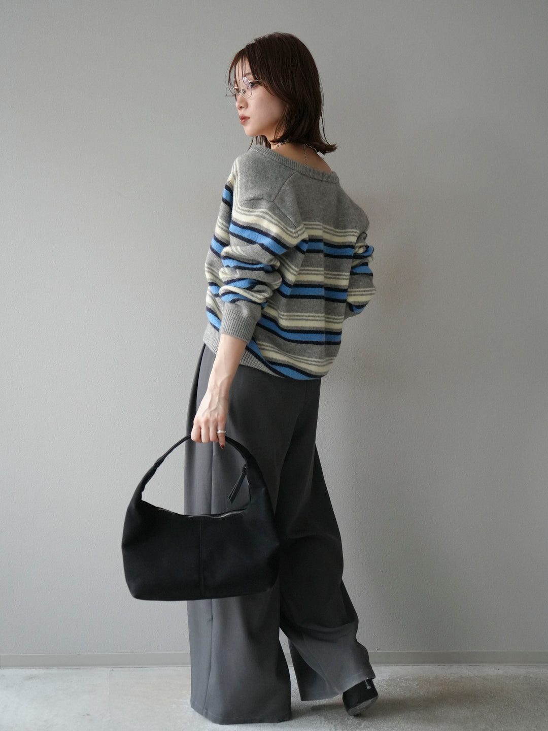 [SET]マルチボーダーニットカーディガン+ベルトループデザインワイドパンツ(2set)