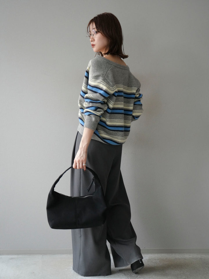 [SET]マルチボーダーニットカーディガン+ベルトループデザインワイドパンツ(2set)