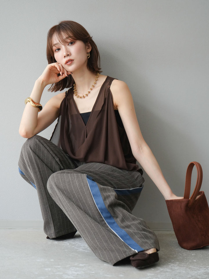 [予約]シアードレープレイヤードノースリーブトップス/ブラウン