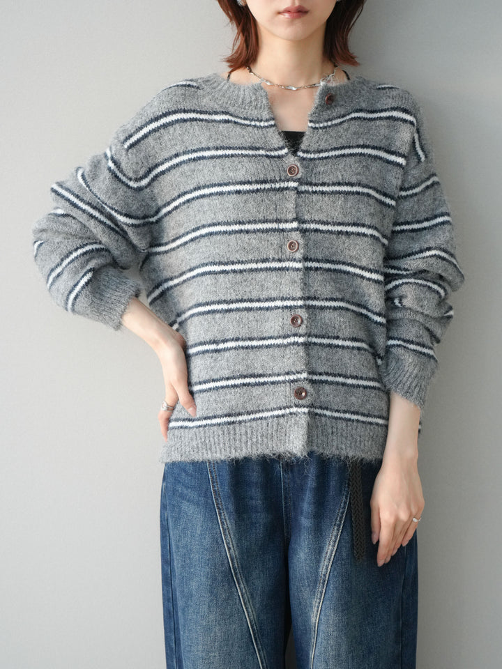 [予約]ボーダーシャギーニットカーディガン/gray