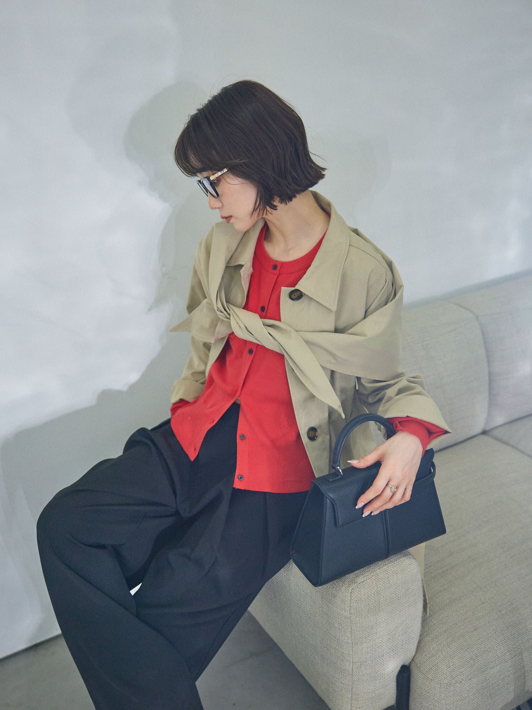 [予約]スカーフ付ステンカラーミディアムコート/beige