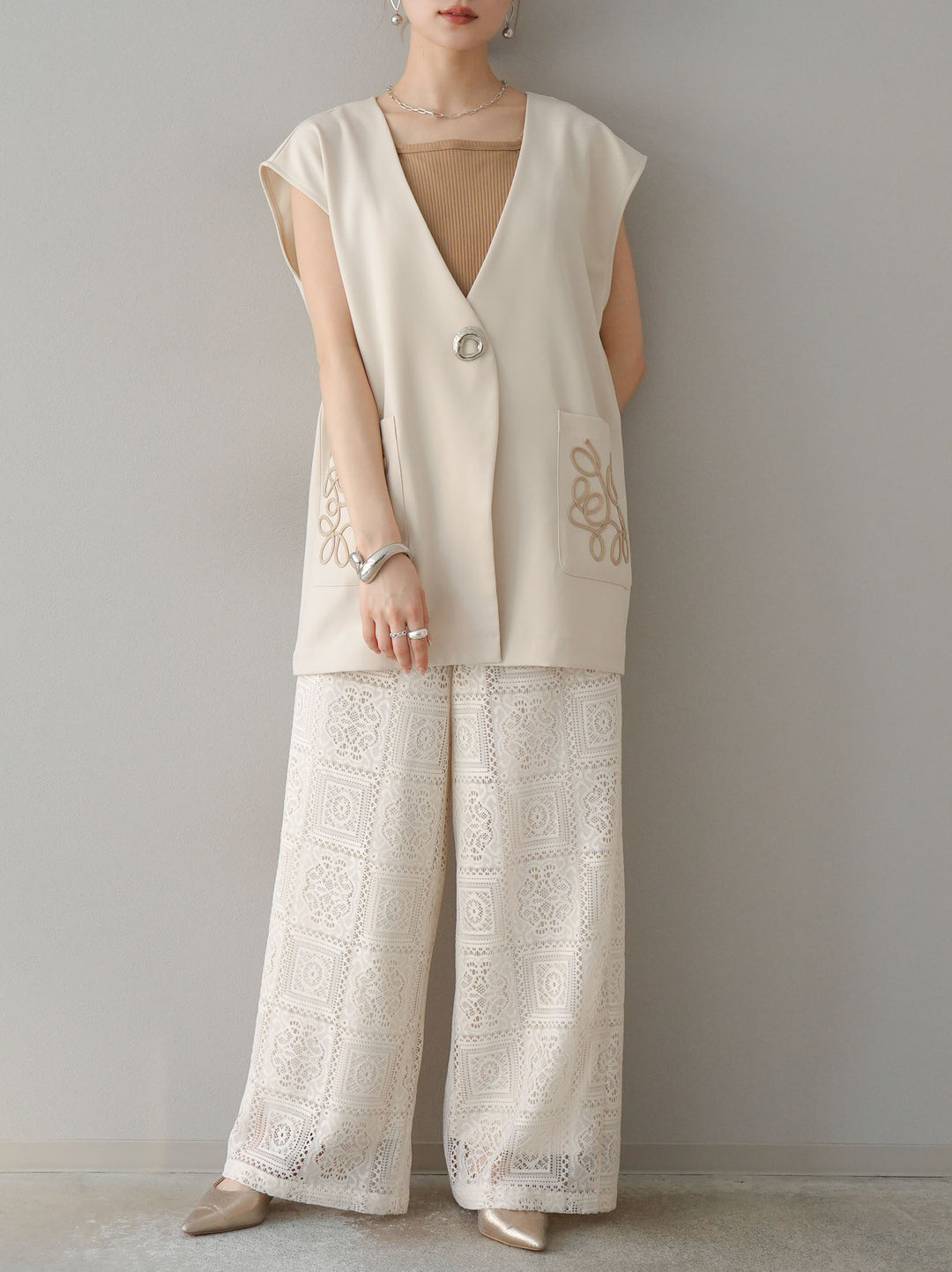 [予約]ブロックレースワイドパンツ/アイボリー