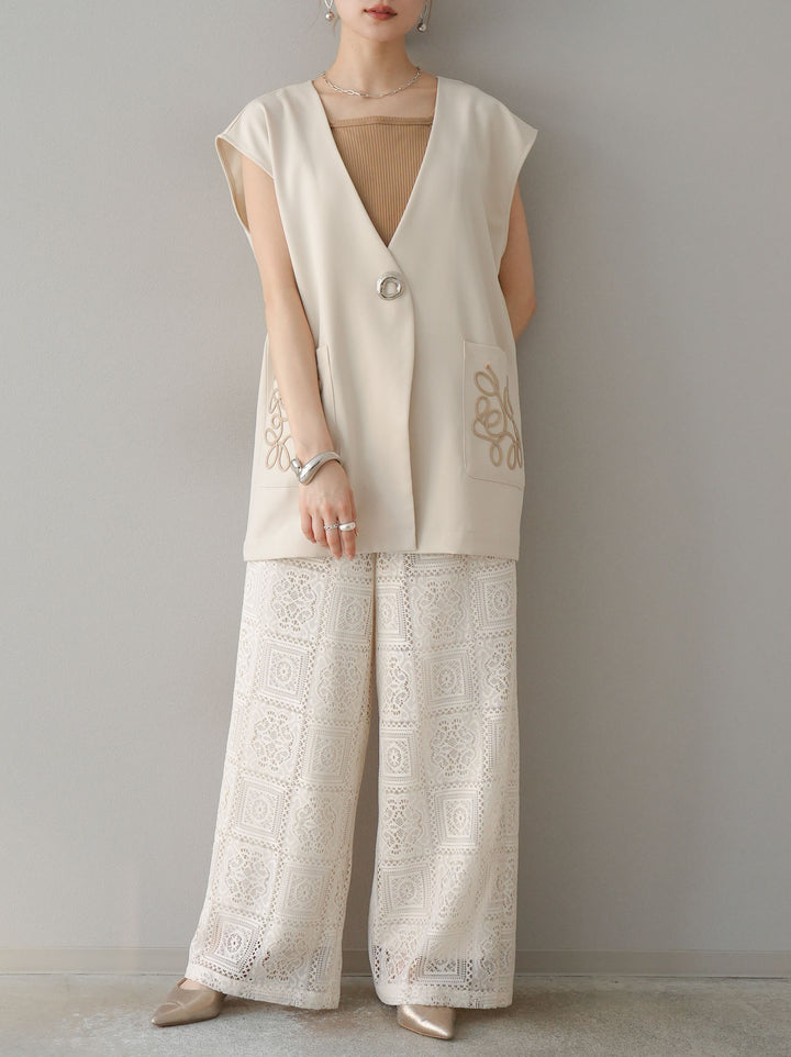 [予約]ブロックレースワイドパンツ/アイボリー