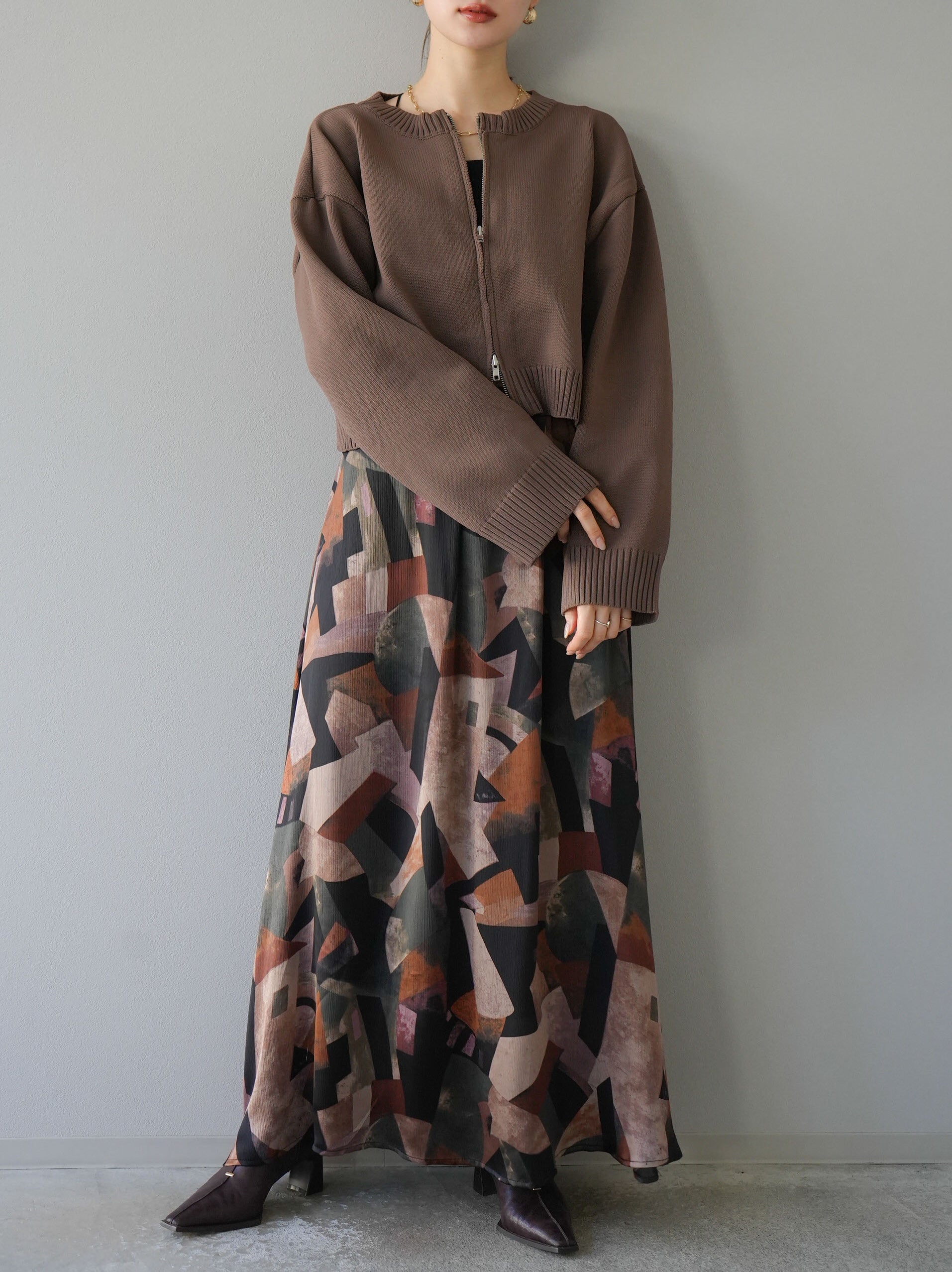 予約]ダブルジップポリエステルニットカーディガン/モカ – Lumier