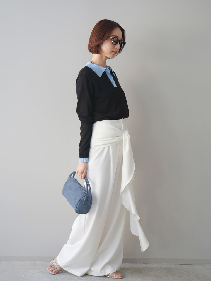 [SET]配色デザインシアーポロニット+ラッフルベルトワイドパンツ(2set)