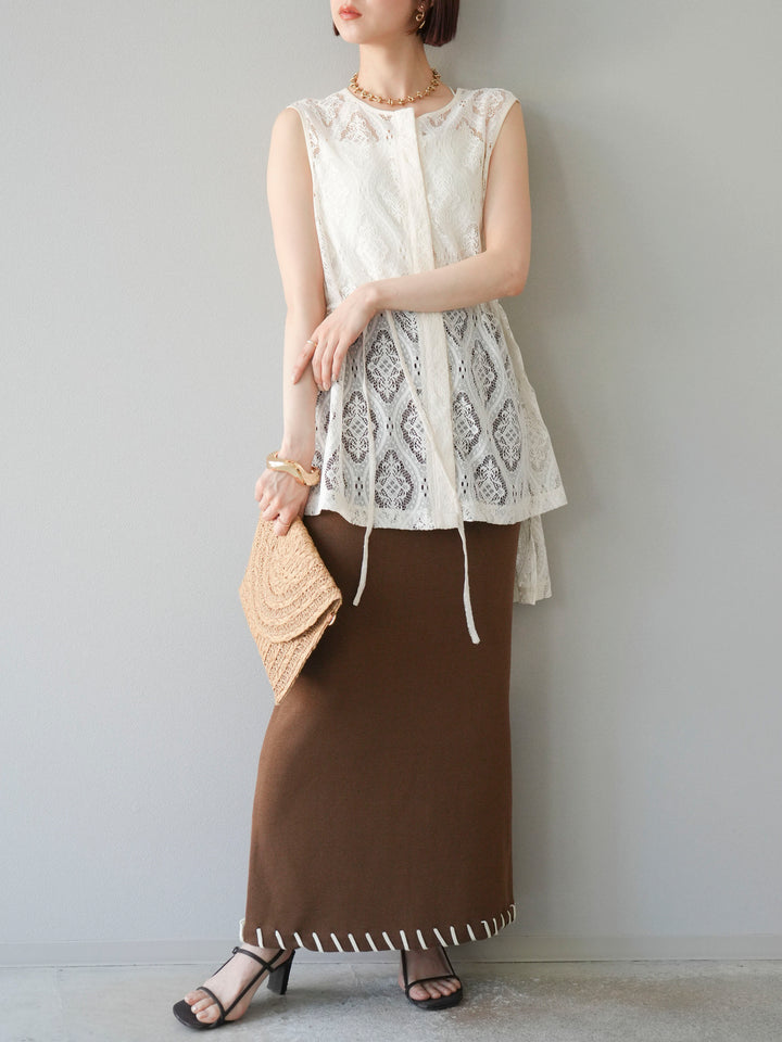 [予約]リネンタッチハンドステッチニットタイトスカート/モカ