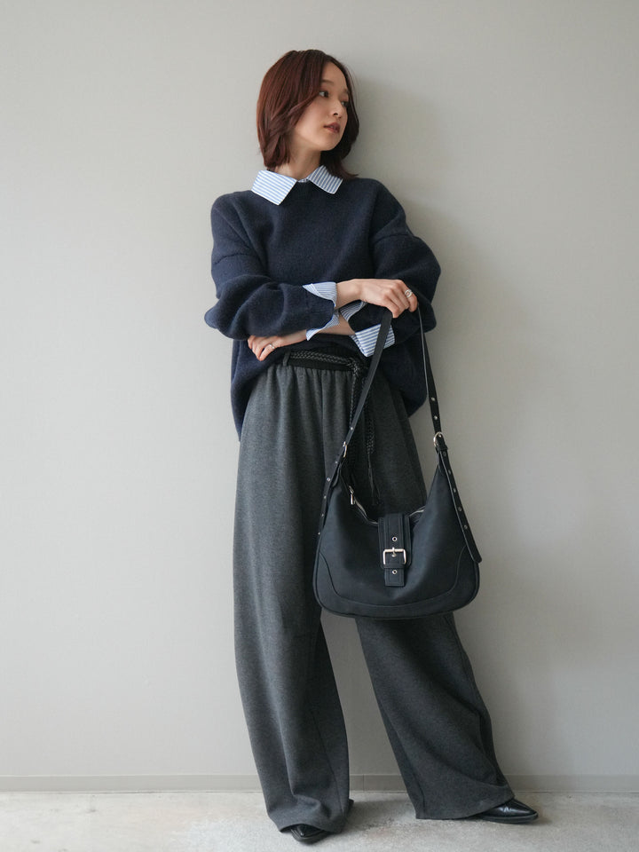 [予約]編み込みベルト付きウエスト配色スエットパンツ/charcoal