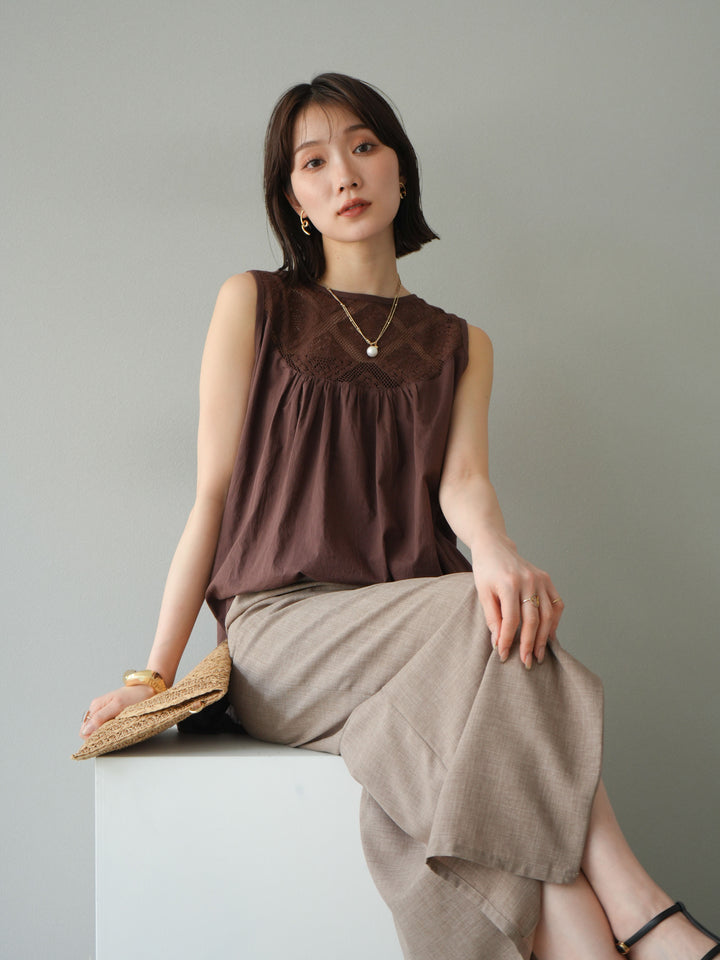 [予約]インド製コットンレース切替ノースリブラウス/ブラウン