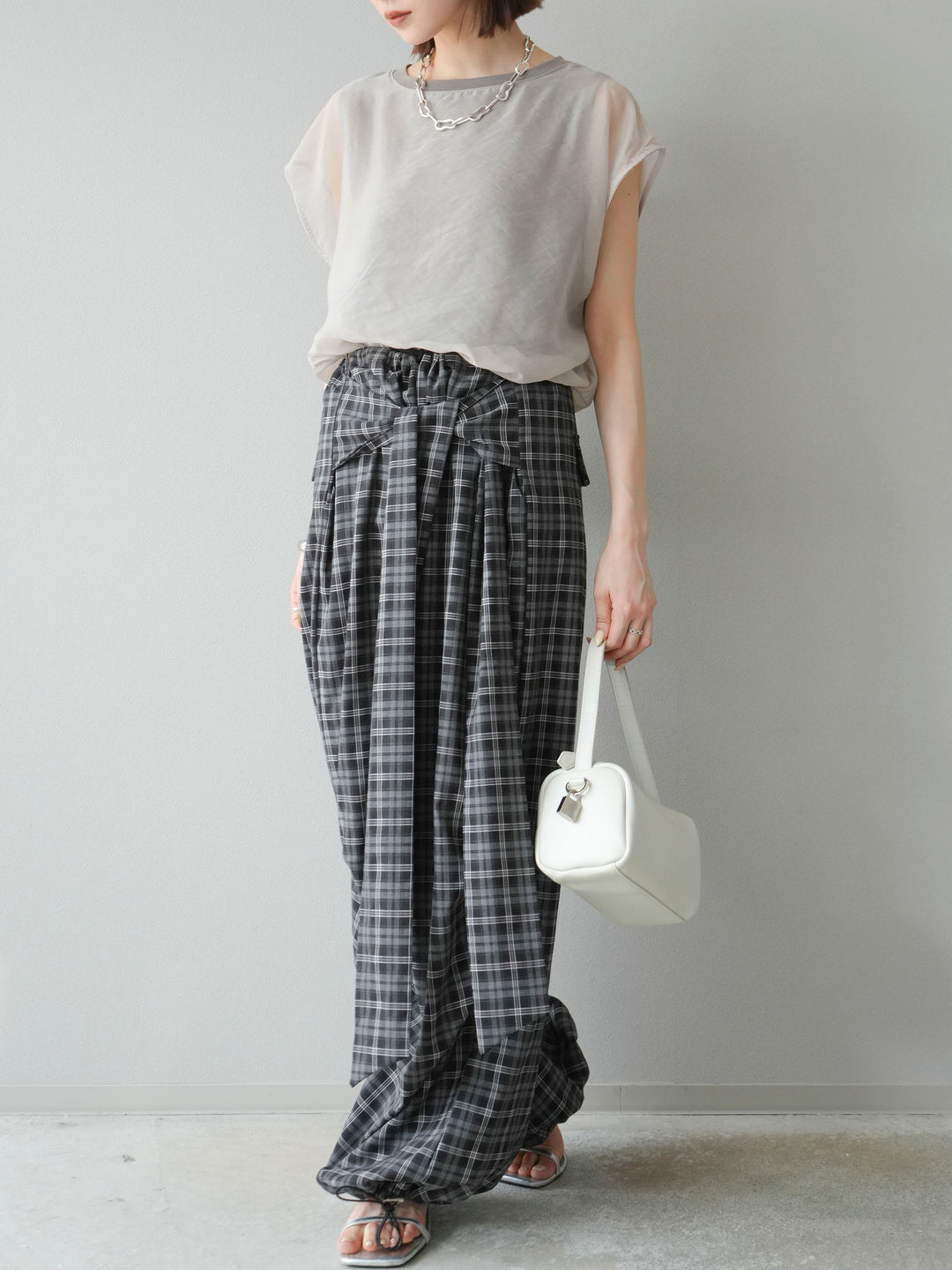 [予約]チェック柄ウエスト巻きドロストパンツ/ブラック