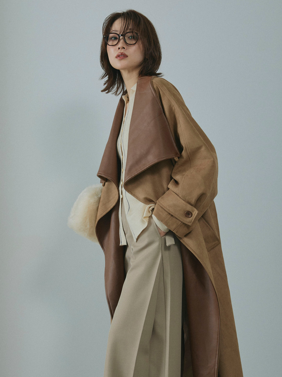 【Allure】[SET]レザーカラースウェードロングコート+リブ配色ラインポロニットカーディガン(2set)