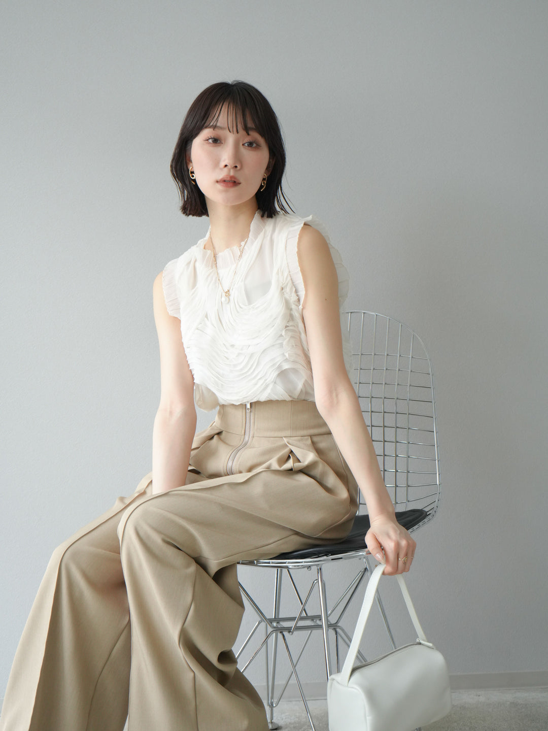 [予約]チュールジャガードノースリブラウス/アイボリー