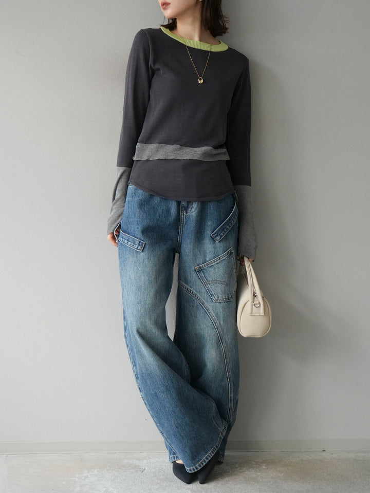 [予約]異素材配色デザインニットトップス/チャコール