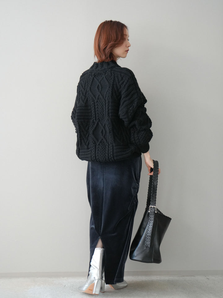 [SET]ケーブル編みモックネックニットプルオーバー+ギャザーベロアスカート(2set)