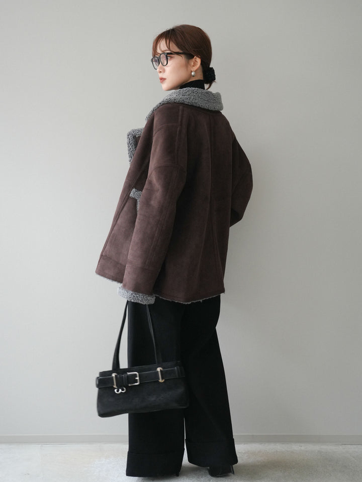 [予約]ベルト付き折り返しコットンツイルワイドパンツ/black