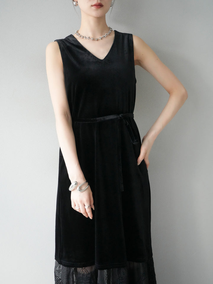 [予約]裾コットンレースベロアワンピース/ブラック