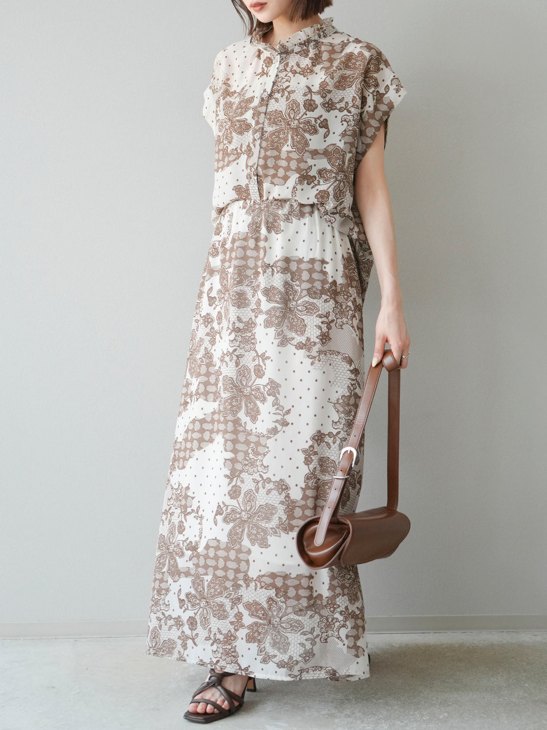 [SET] 花朵圖案法式袖襯衫 + 花朵圖案喇叭裙 (2 套)