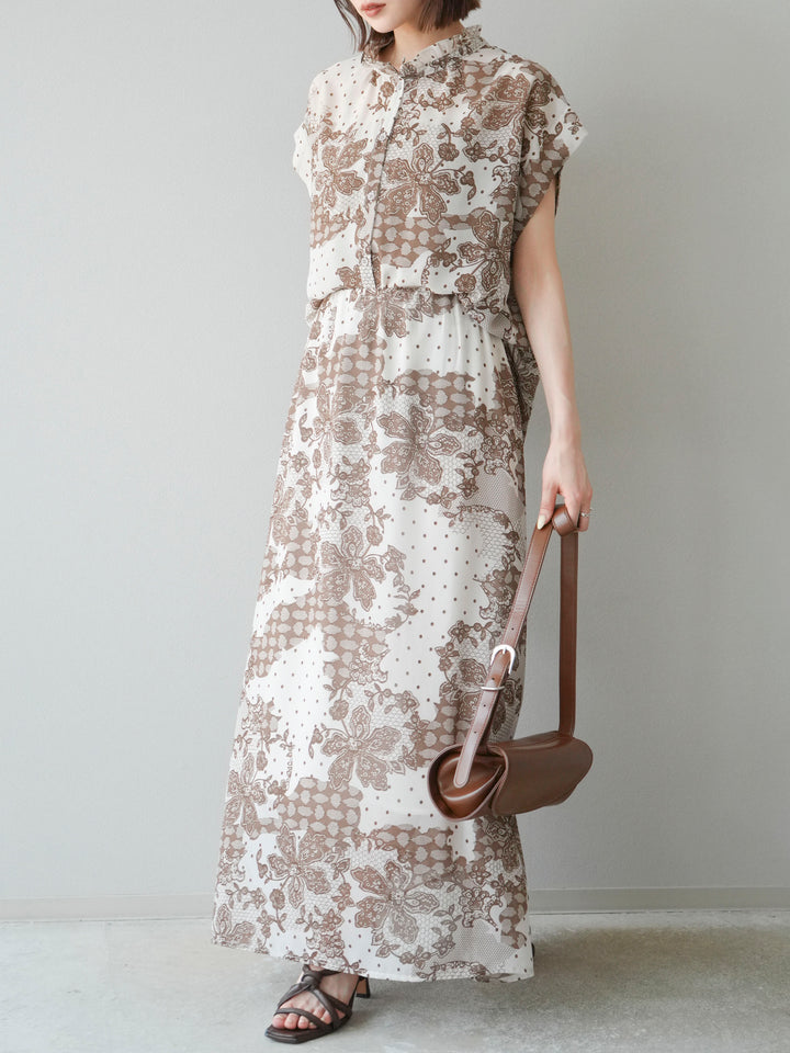 [SET] 花朵圖案法式袖襯衫 + 花朵圖案喇叭裙 (2 套)