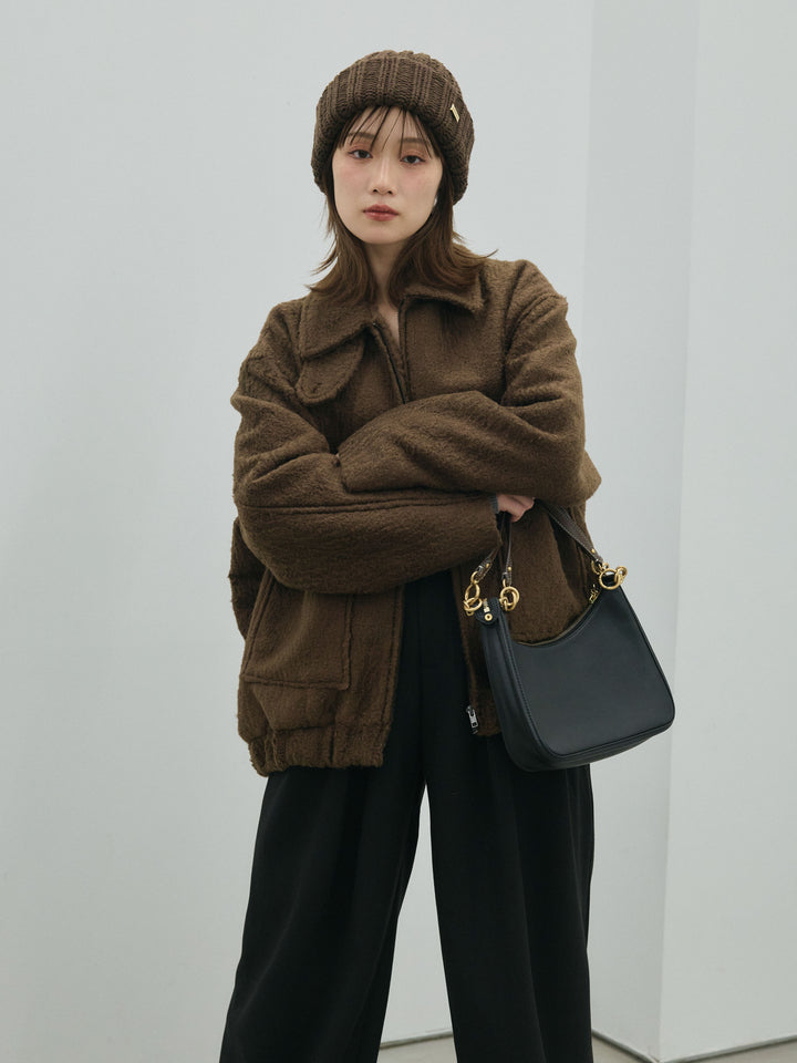 [予約]スタンドカラーシャギーフライトジャケット/brown