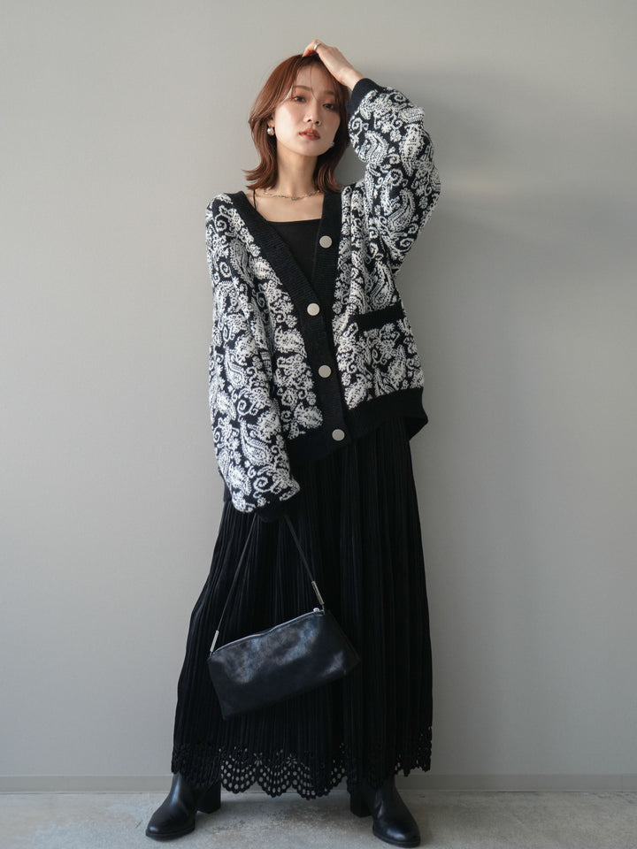[SET]ペイズリー柄ニットカーディガン+パンチングデザインスエードプリーツスカート(2set)
