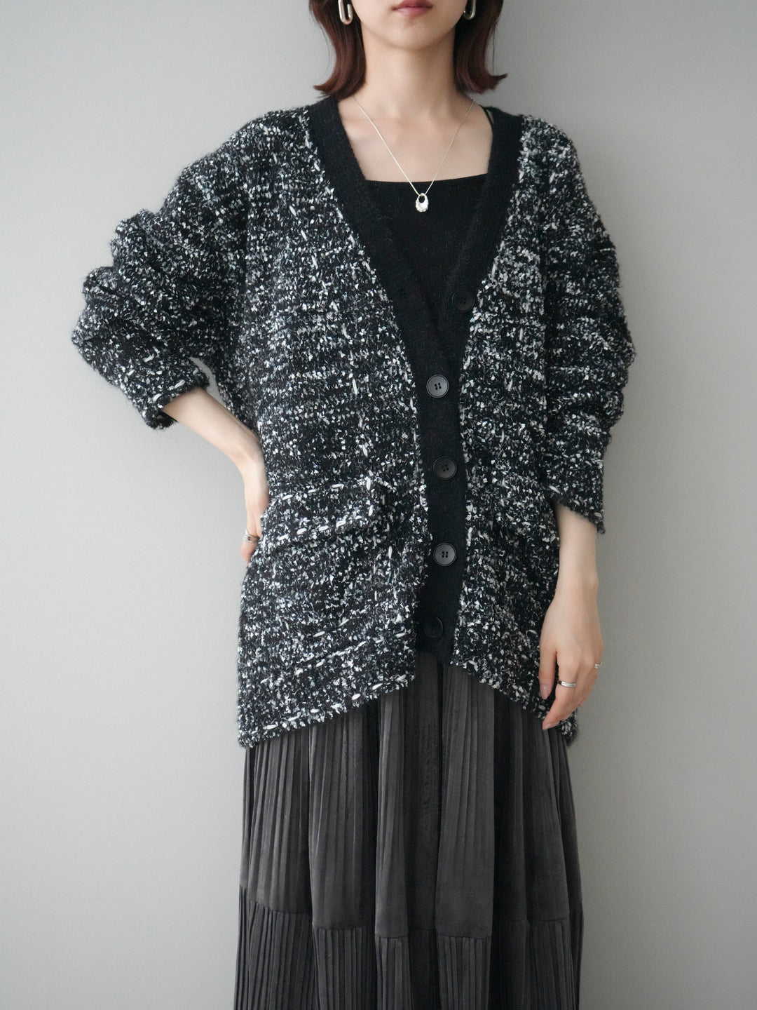 [SET]モールネップニットカーディガン+ベロアティアードワッシャースカート(2set)