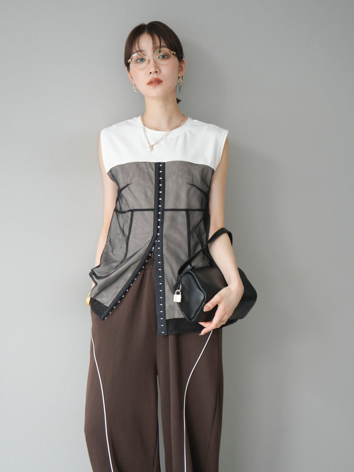 [預訂] 薄紗對接鉤設計剪裁套頭衫/脫下