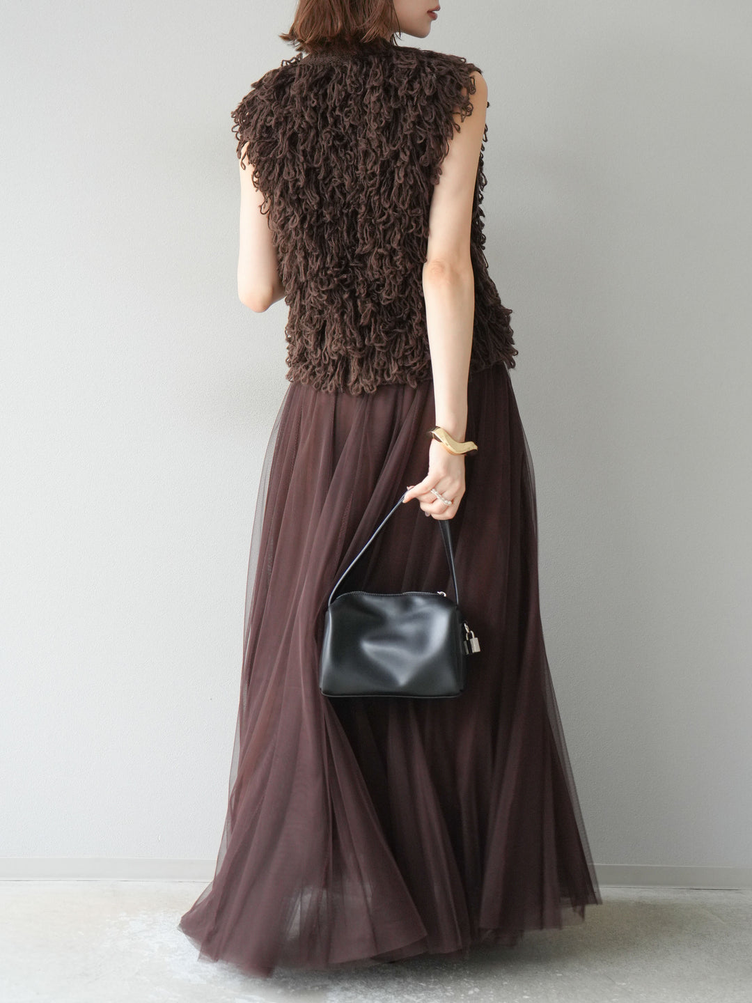 [SET] 前開衩針織背心 + 薄紗蓬鬆裙 (2 件套)