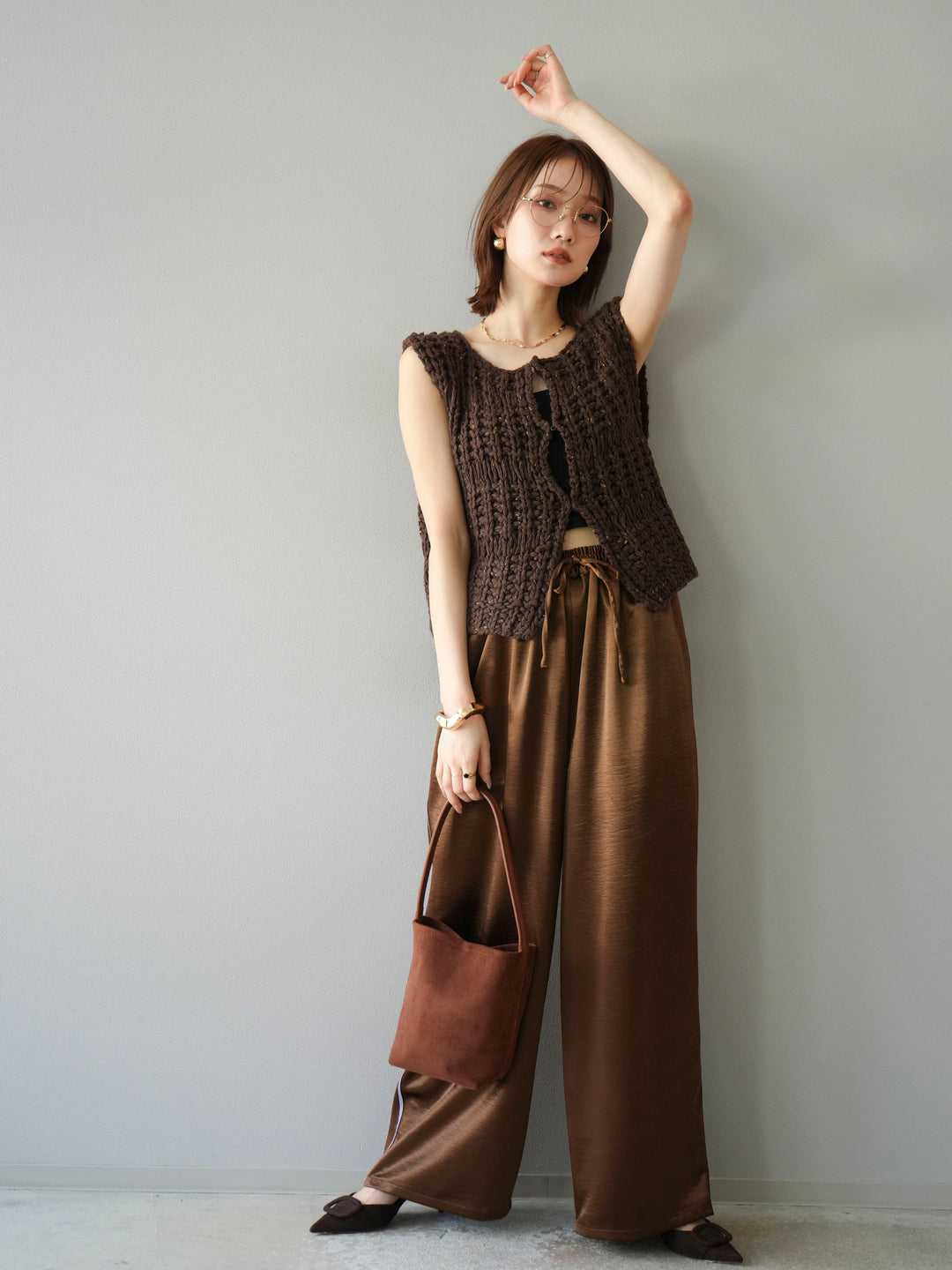 [予約]サテンラインワイドパンツ/ブラウン