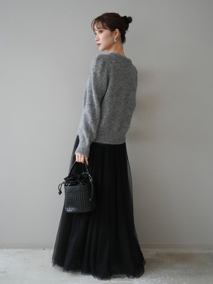 [SET]ブローチ付silverボタンミックスニットカーディガン+チュールボリュームスカート(2set)