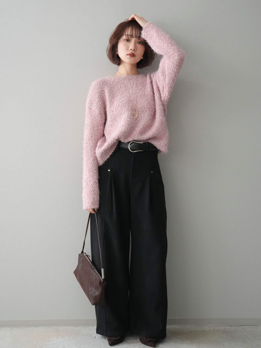 [SET]モールラメミックスヤーンニットプルオーバー+ベルト付起毛コクーンパンツ(2set)