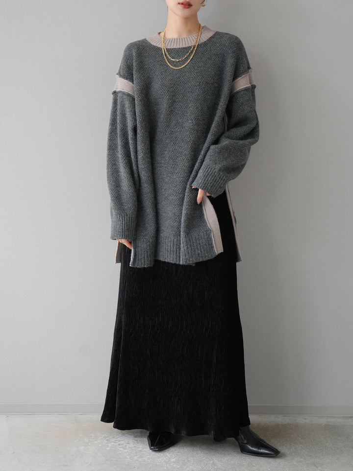 【預訂】側開衩拼色針織套頭衫/炭灰