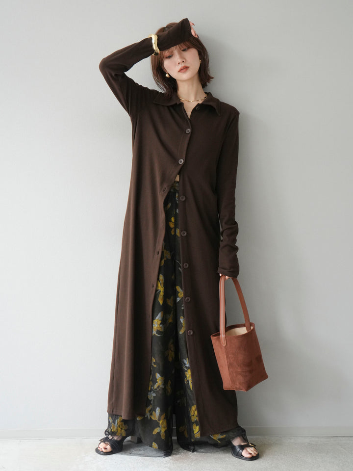 [SET]襟付きカットリブボタンワンピース+フラワープリントチュールレイヤードパンツ(2set)