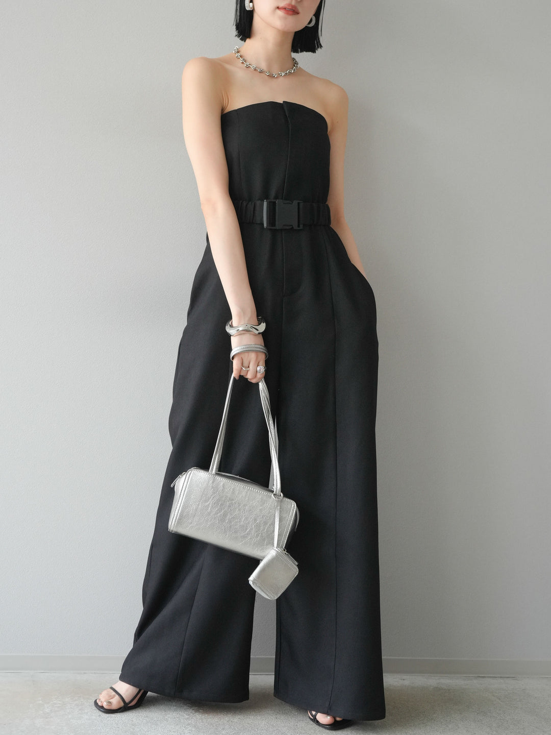 【預購】混色斜紋腰帶熊圖案工裝褲/黑色