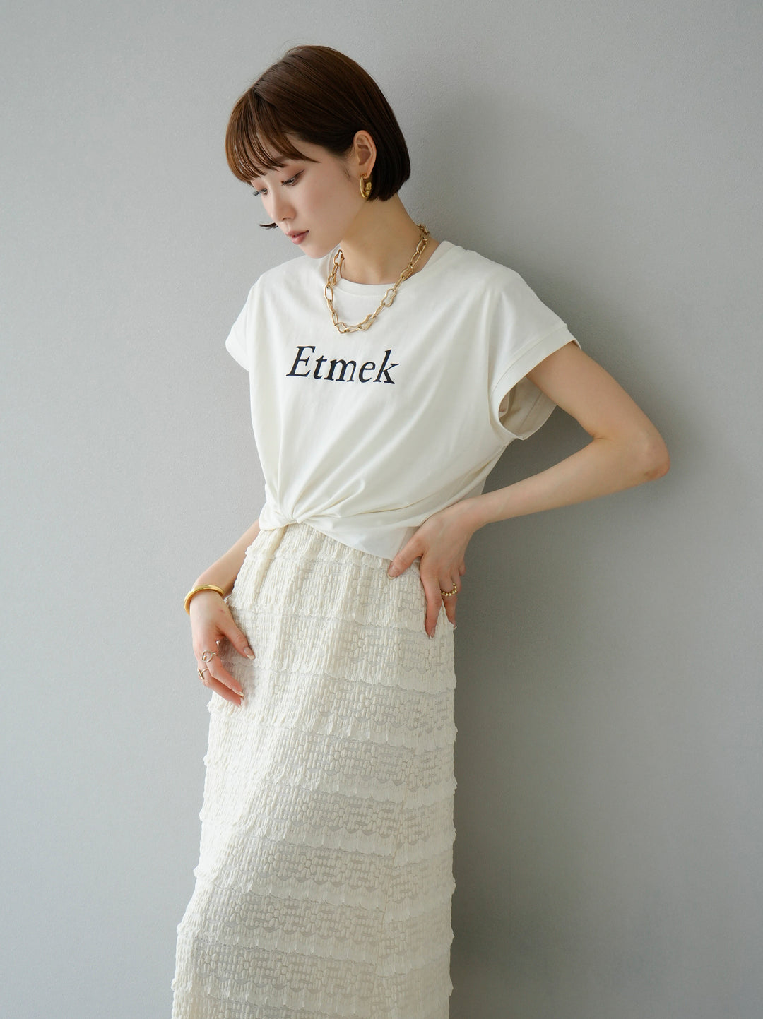 [予約]'Etmek'プリントフレンチスリーブTシャツ/ホワイト