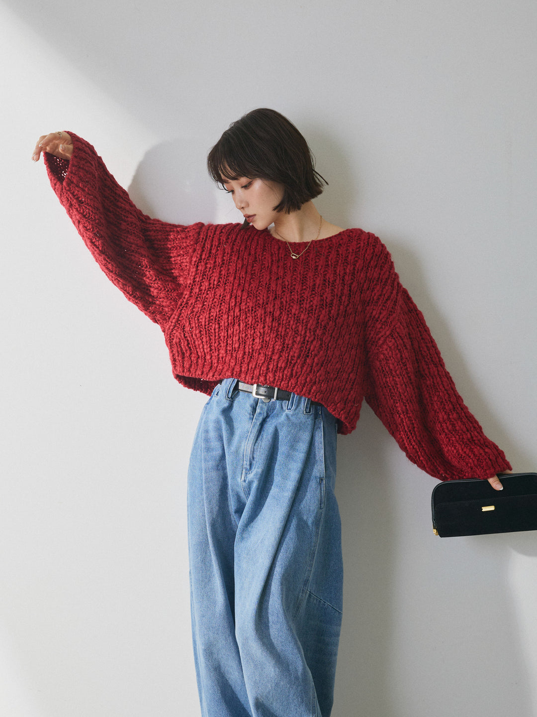 [予約]クロップドチャンキースラブニットプルオーバー/red